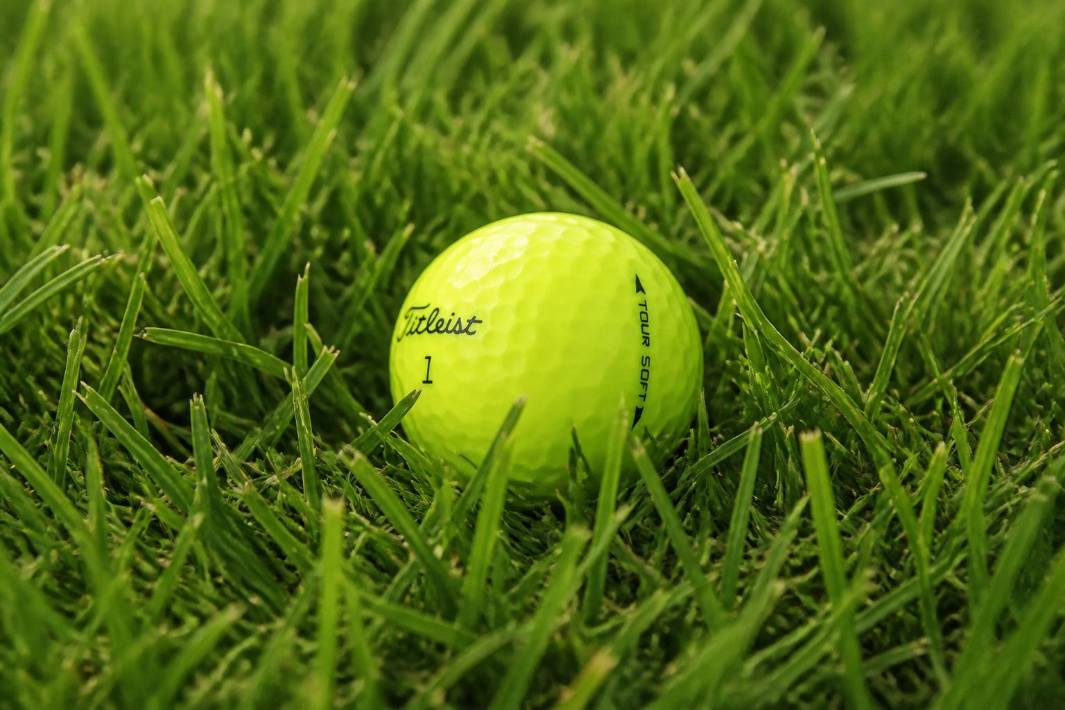 Titleist Tour Soft Yellow Lakeball zwischen dichtem grünem Sommergras