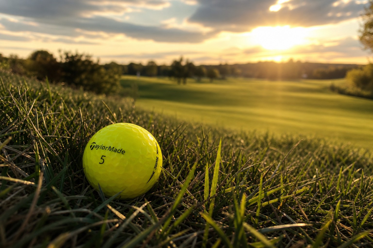 Taylor Made TP5 Tour Yellow Lakeball am Roughrand während einer sommerlichen Abendrunde